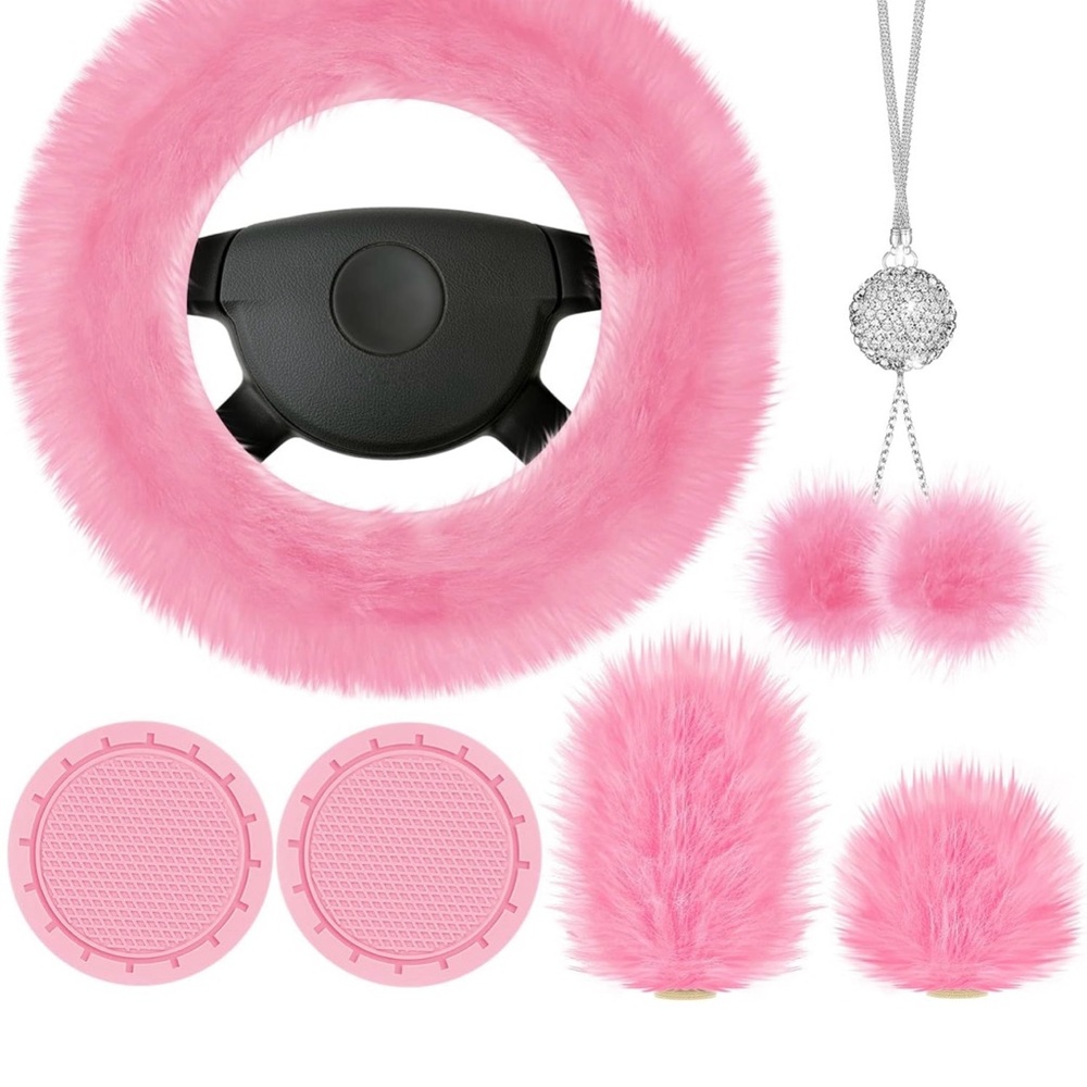 Pink Fluffy Car Accessory Set